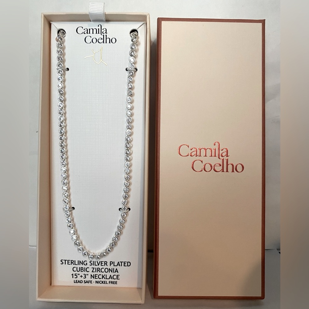 Camila Coelho Silver Tone exclusive crystal station bezel set tennis necklace